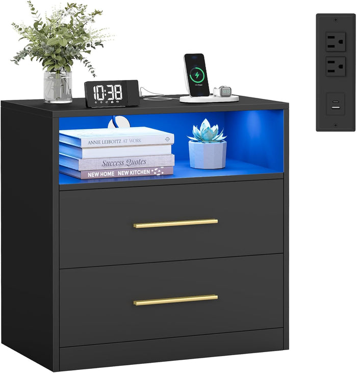 VASAGLE CUSTOS Collection Nightstand with Charging Station, 23.6 Inch | LED Lights, Modern Night Stand, Side End Table with Drawers, Open Shelf, 2 AC Outlets USB Ports, Ink Black ULET639BC01S