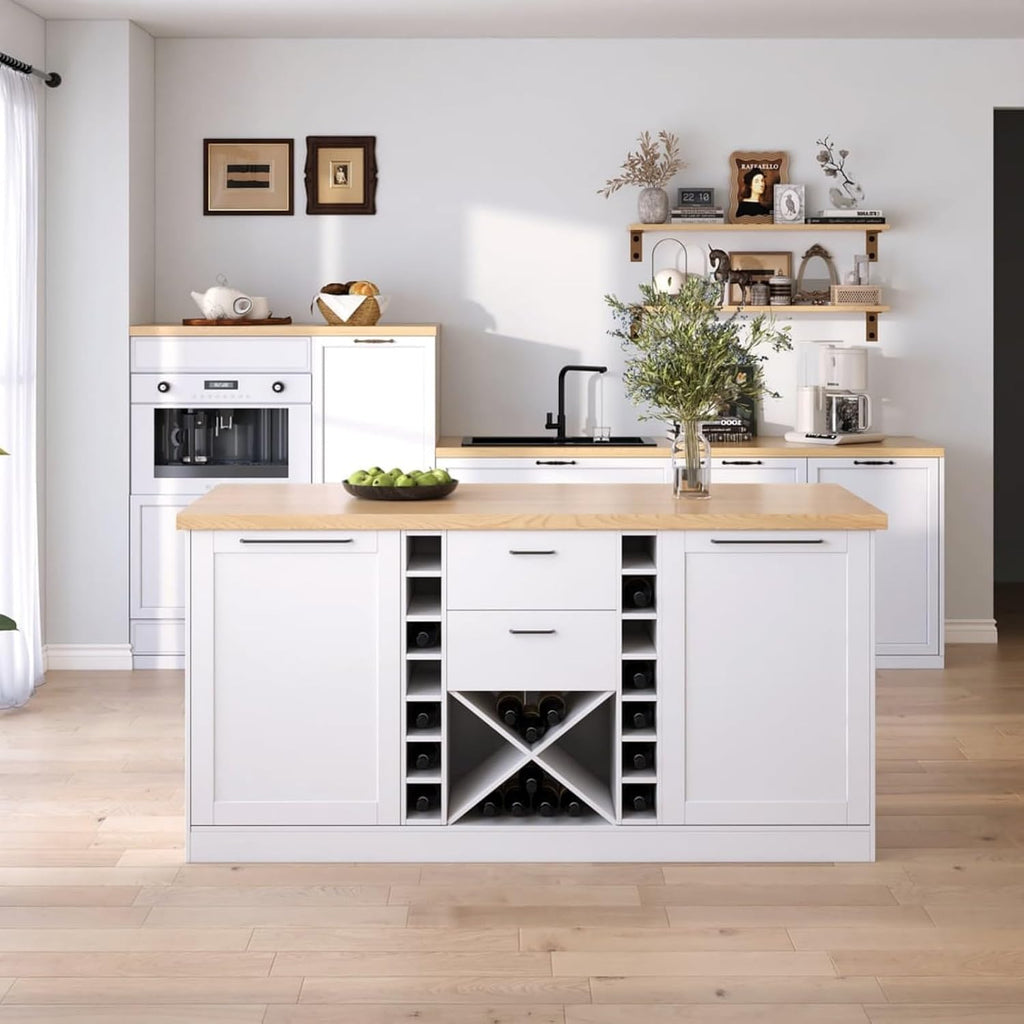 homary 59" Modern Kitchen Island with Storage & Wine Rack, Natural & White Kitchen Table with 2 Drawers, 2 Doors & Adjustable Shelves for Kitchen, Dining Room Prep Station & Organizer