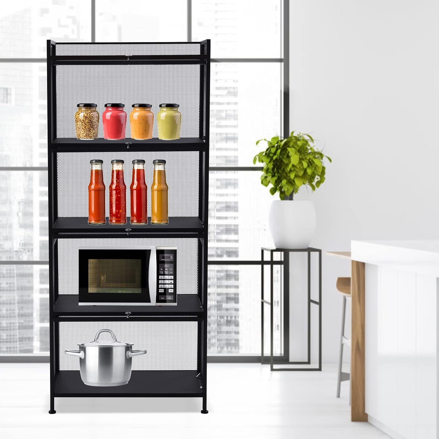 60x32x141.5cm 5-Tier Kitchen Storage Cabinet, Mobile Microwave Stand with Flip-Up Doors - Black Freestanding Kitchen Bakers Rack for Pantry, Bathroom Organizer