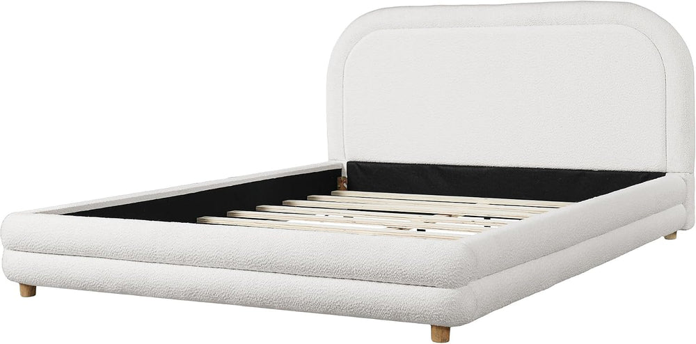 Peanu Queen Bed Frame, Boucle Upholstered Curved Headboard, White