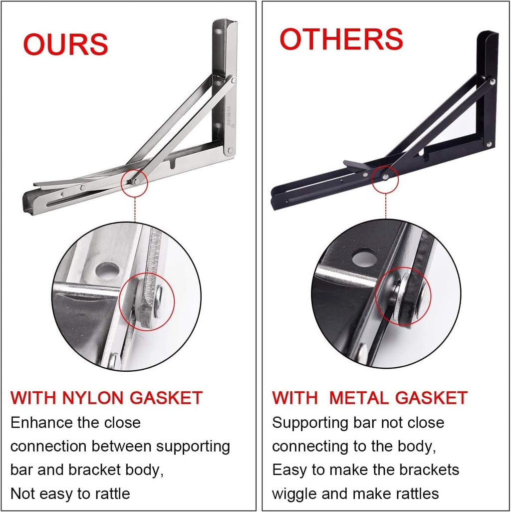 YUMORE Folding Shelf Brackets 8", Max Load: 300lb Heavy Duty Stainless Steel Collapsible Shelf Bracket for Table Work Bench, Space Saving DIY Bracket, Pack of 2