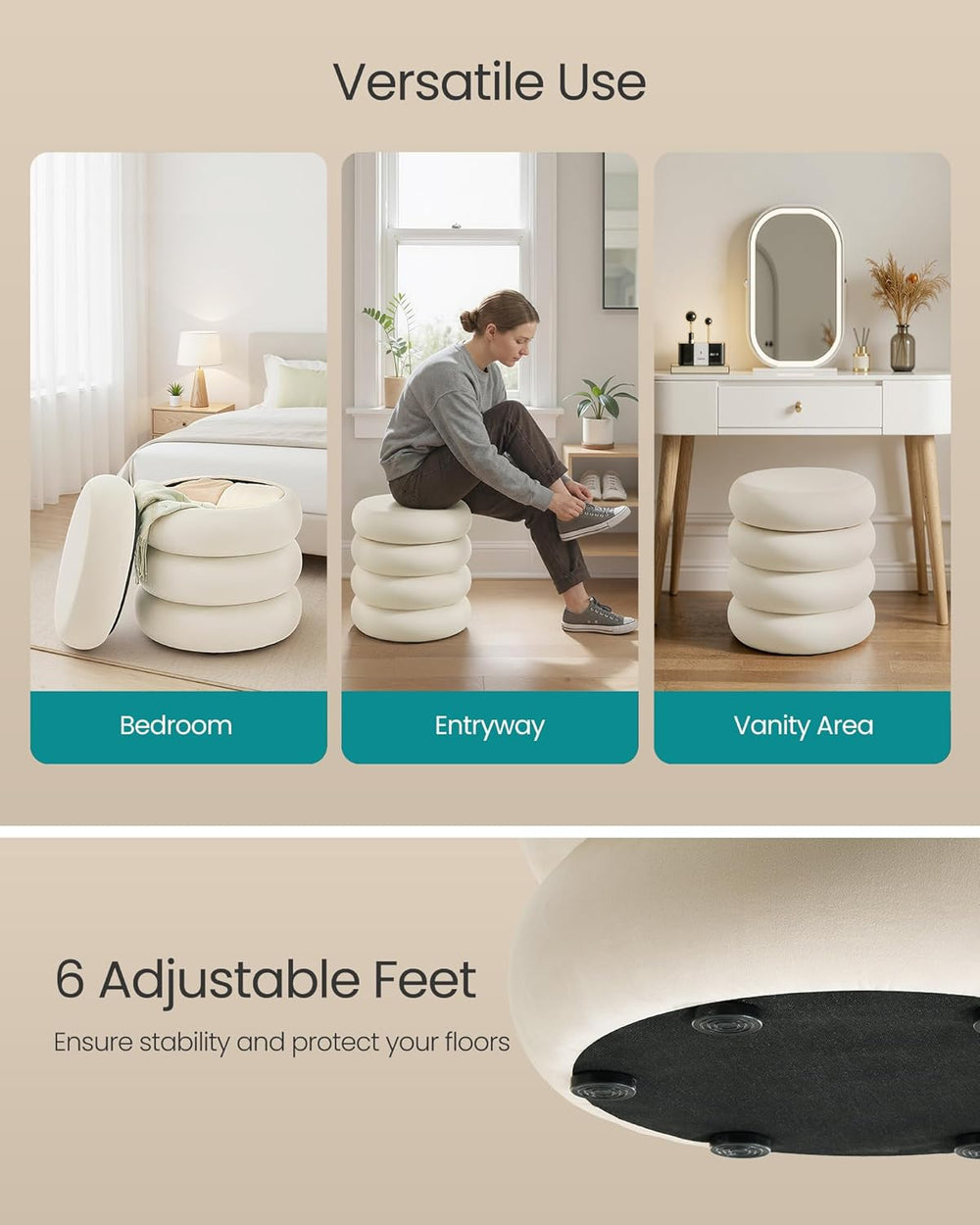 SONGMICS Vanity Stool, Round Ottoman with Storage, Upholstered Foot Stool, Re...