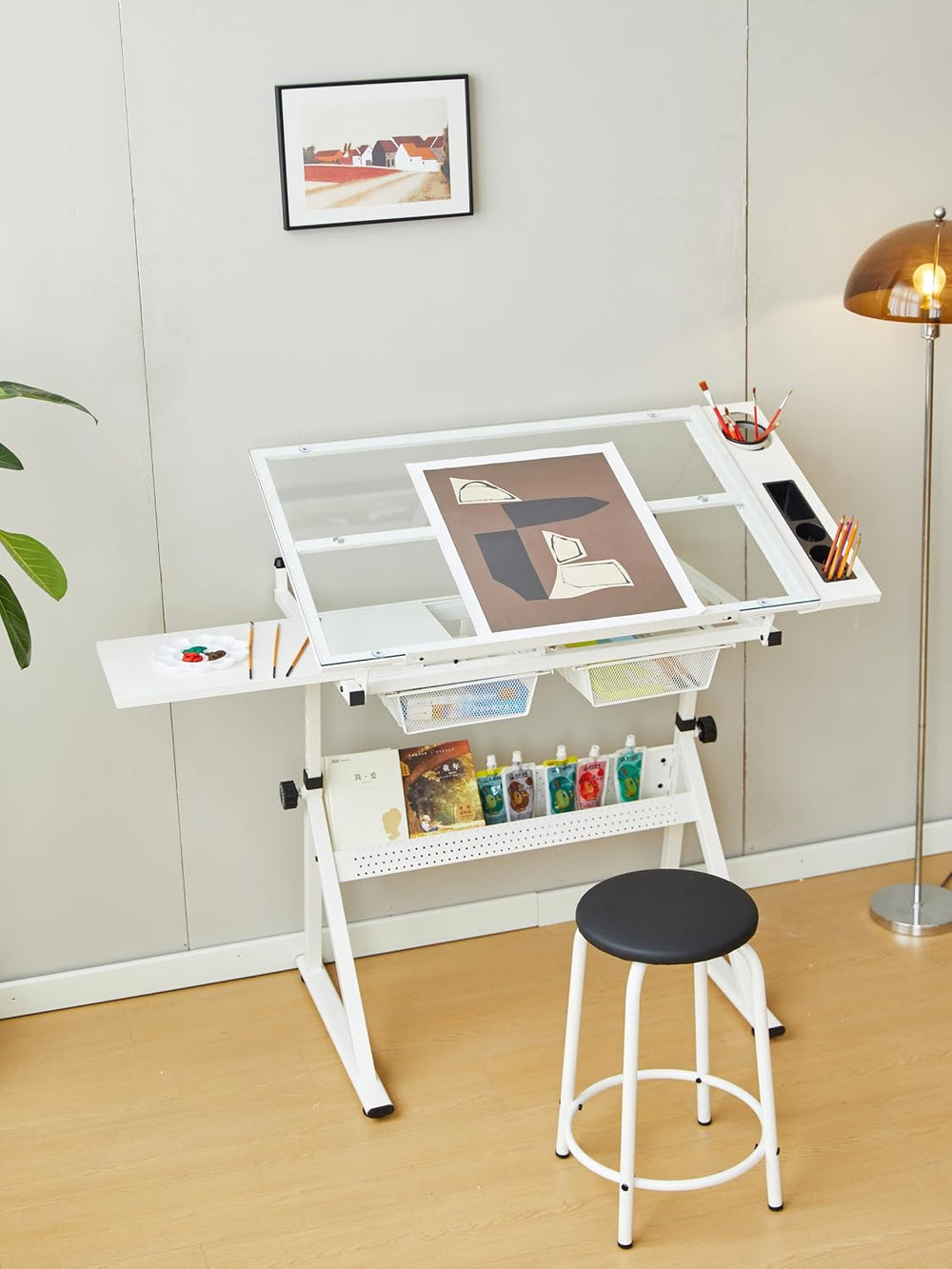 Dancongtea White Adjustable Glass Drafting Table with Chair for Artists | Sli...