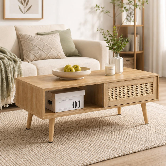 Rattan Coffee Table with Sliding Storage Door, 41.34'' Rectangular Wood Center Table with Solid Wood Legs, Modern Boho Living Room Coffee Table for Apartment, Light Wood