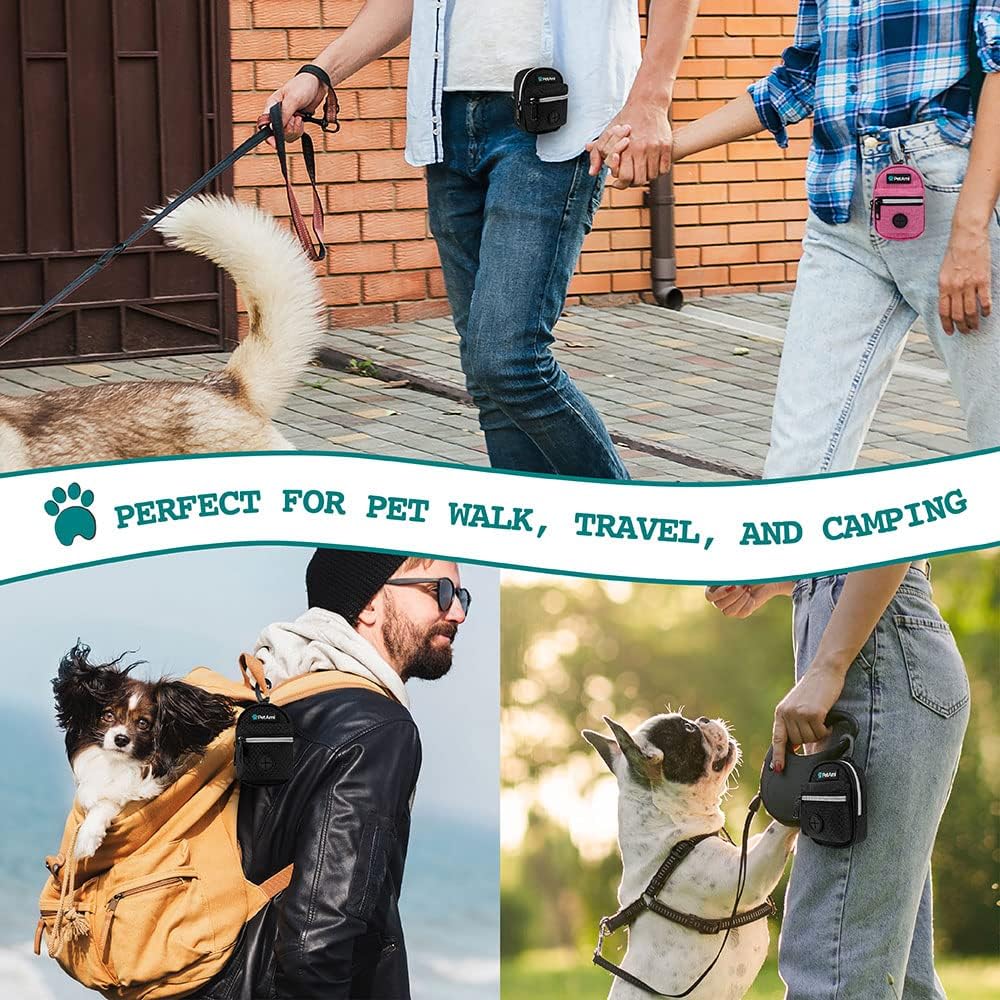PetAmi Dog Poop Bag Holder for Leash, Dog Pet Waste Bag Dispenser For Poop With Clip For Doggie Puppy Walking Accessories Travel Camping, Dog Treat Pouch Supplies Must Have With Doggy Bag Roll, Black