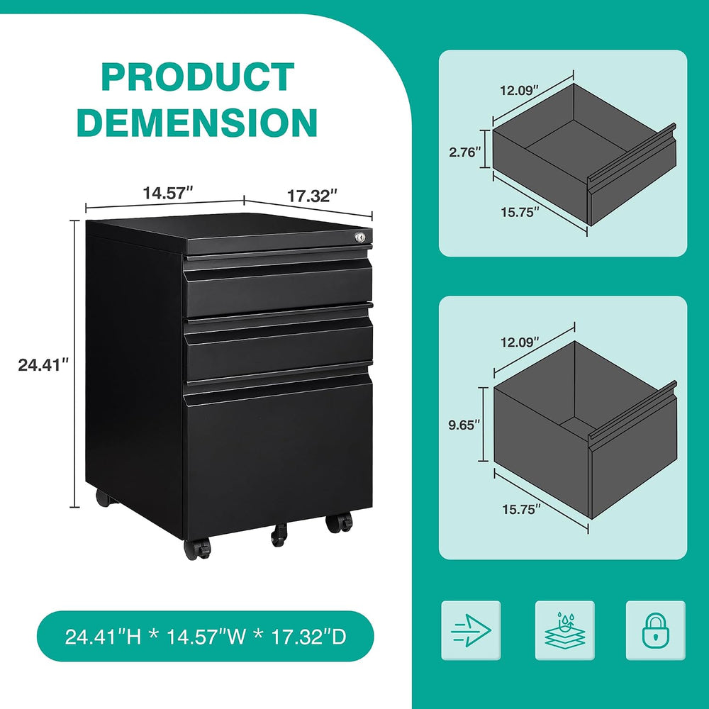 SISESOL 3 Drawer Mobile File Cabinet with Lock,Black Under Desk File Cabinets...