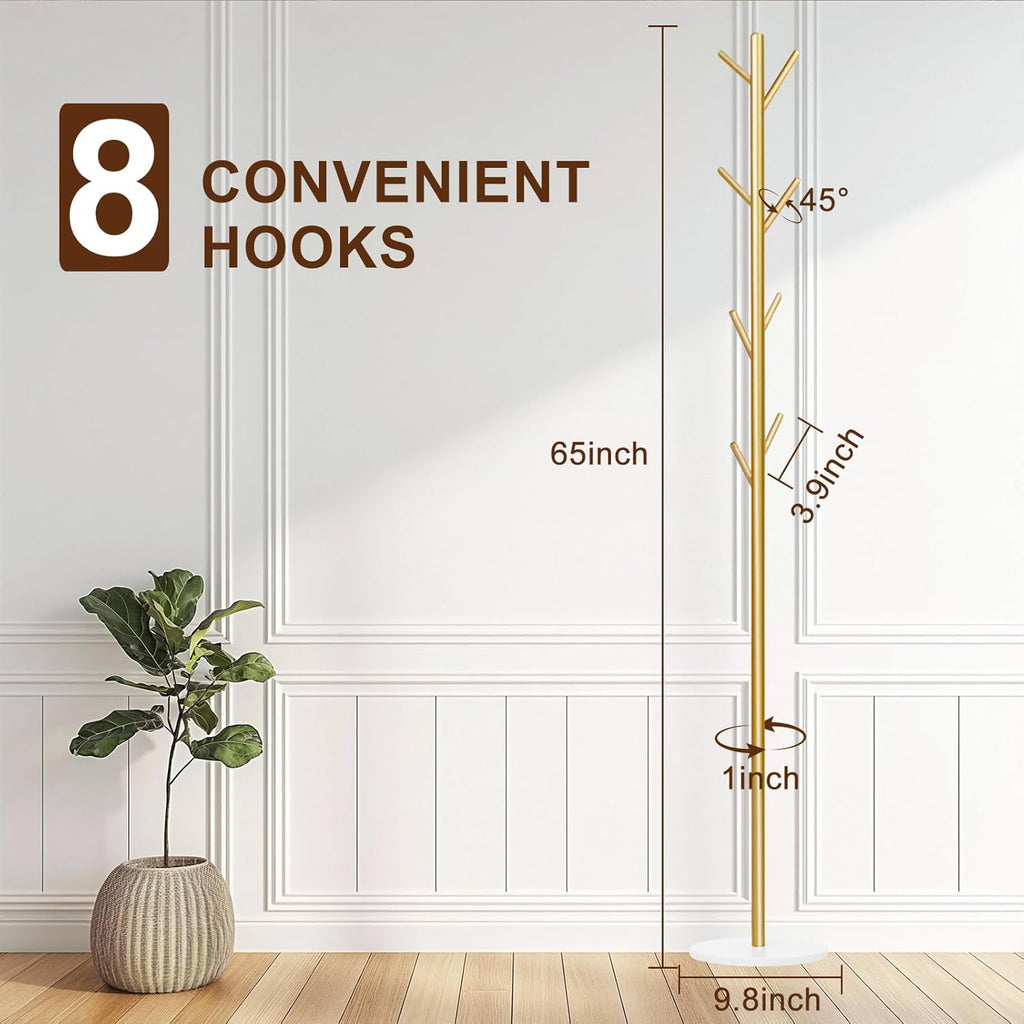 Coat Rack, Metal Freestanding Coat Rack with 8 Hooks, Sturdy Coat Tree with Natural Marble Base for Coats, Hats, Scarves and Handbags for Entryway, Hallway, Bedroom, Office,Dorm (Gold)