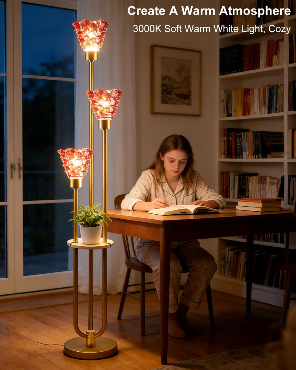 Glass Floor Lamp with Shelf, 63IN Mid Century Modern Gold Floor Lamps with 3 ...