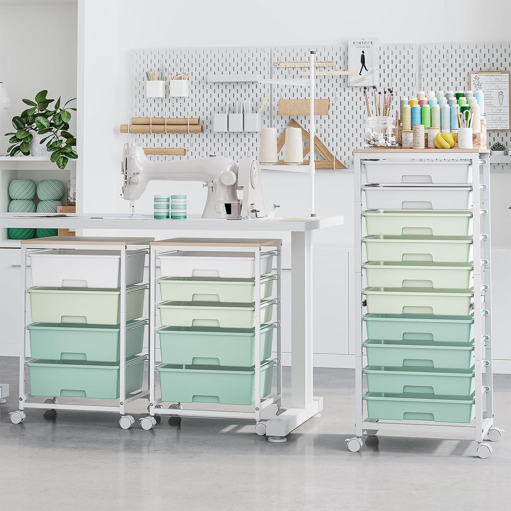 Rolling Cart with Drawers,10 Drawer Rolling Cart,Storage Cart,Utility Cart,Teacher Cart for Classroom Storage,Craft Cart with Wheels and Wooden Tabletop,Green