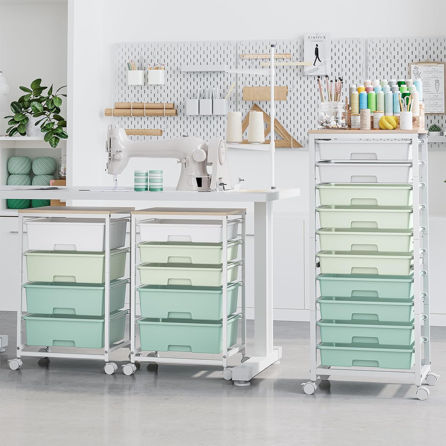Rolling Cart with Drawers,10 Drawer Rolling Cart,Storage Cart,Utility Cart,Teacher Cart for Classroom Storage,Craft Cart with Wheels and Wooden Tabletop,Green