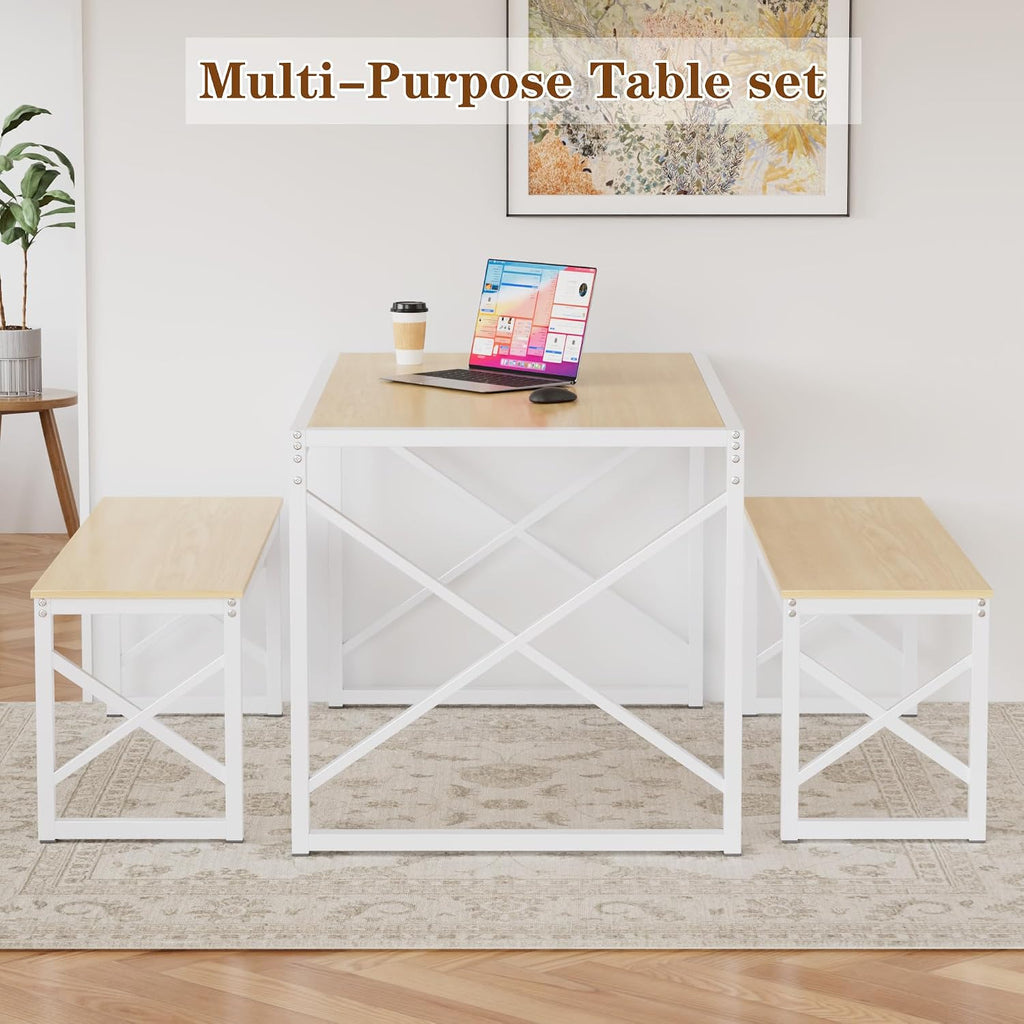 VECELO 55” Kitchen Dining Table Set for 4, Heavy-Duty Steel Frame & Wood-Grain Tabletop, Space-Saving Dinette Sets with 2 Benches for Breakfast Nook and Small Space, Natural