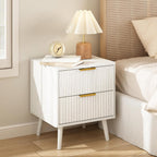 CARPETNAL Fluted Nightstand, White Bedside Table with 2 Drawers and Gold Handles, Wood End Table Mid Century Night Stands for Bedroom Living Room