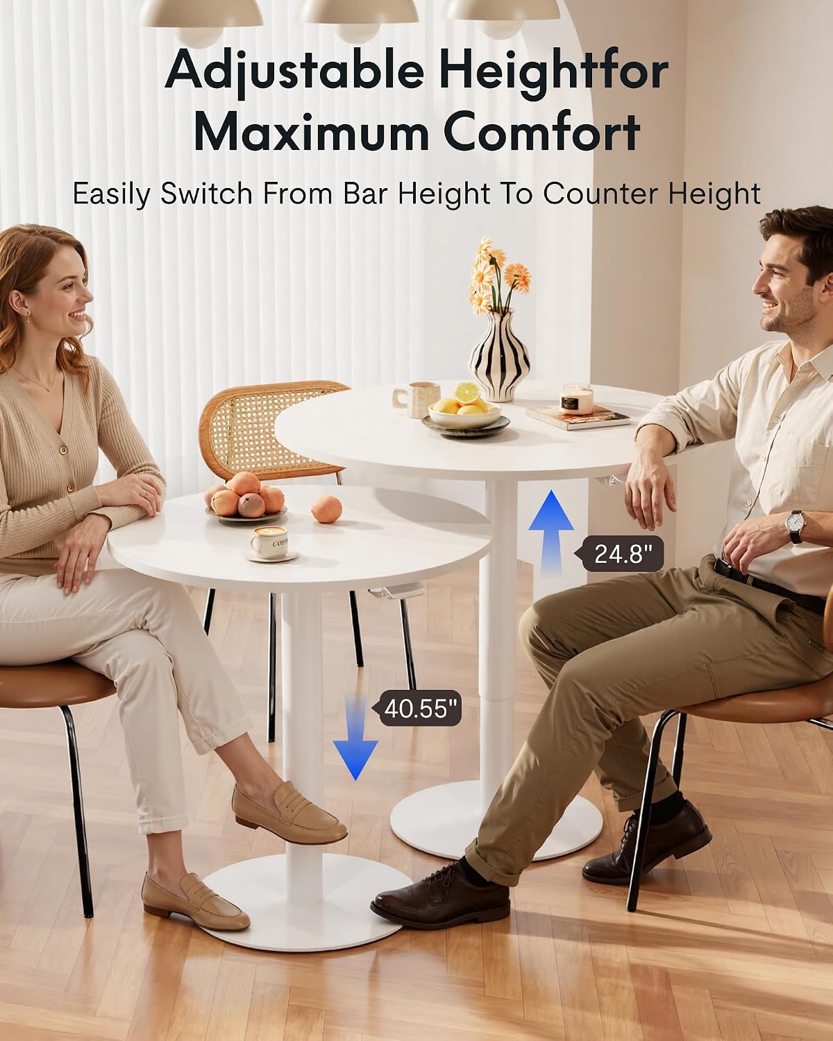 FLEXISPOT 28" Adjustable Height Round Dining Bar Table, Gas Spring Lift | 27.56" Round table with modern design.Kitchen table for dining,sofa side and party use.25.8"–40.8"Adjustable Height,White
