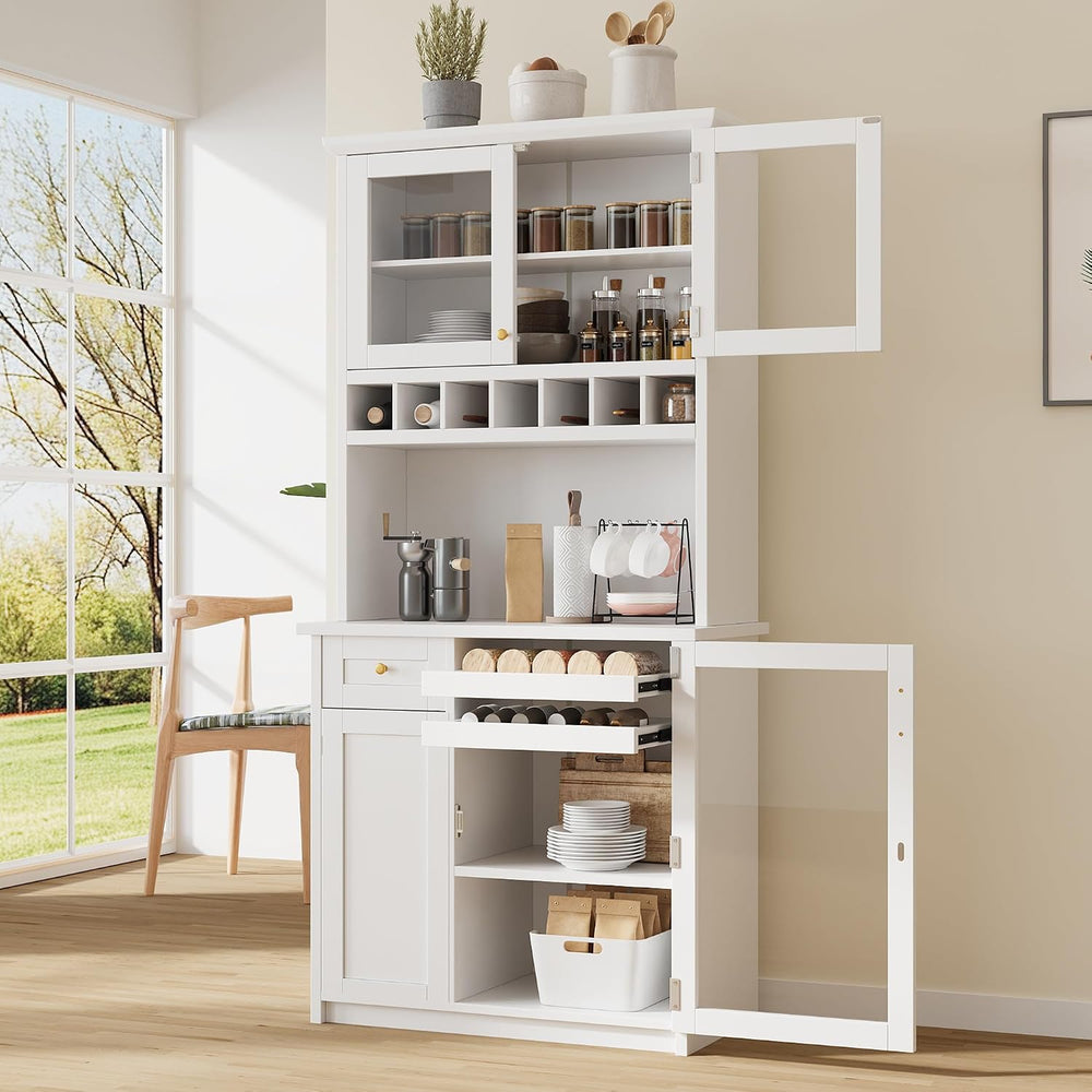 roomfitters Farmhouse Kitchen Pantry Buffet Hutch with Wine Rack and Glass Do...