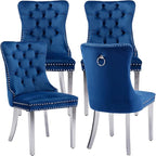 Mid Century Modern Dining Chairs Set of 4, Blue Velvet Upholstered Tufted Back, Kitchen & Dining Room Chairs, Brushed Silver Metal Legs, Nailhead Trim, Sillas para Comedor (Blue, 4 Pcs)