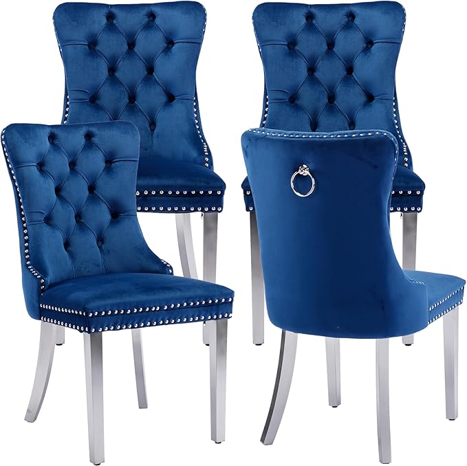 Luxury Upholstered Dining Chairs Set of 4, Blue Kitchen Chair with Silver Metal Legs, Velvet Tufted Back Dining Chair, Sillas de Comedor, Modern Kitchen & Dining Room Chairs (Blue, 4 Pcs)