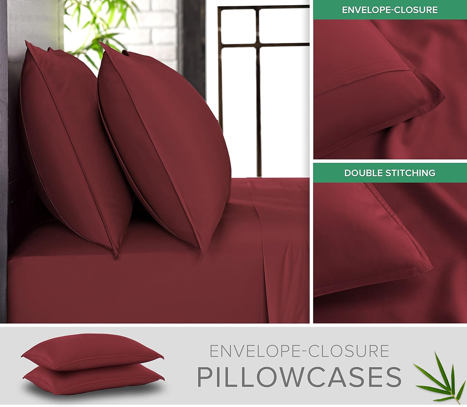 King Pillowcases by Pure Bamboo, Genuine 100% Organic Viscose Derived from Bamboo, Luxuriously Soft & Cooling, Double Stitching, Envelope Closure (2 King Pillowcases, Merlot)