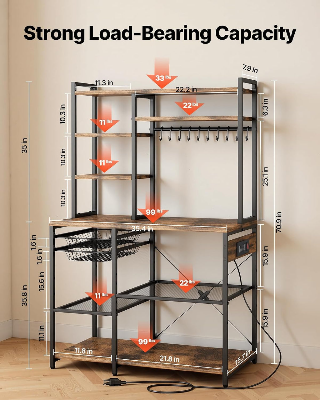 VEVOR Kitchen Bakers Rack with Power Outlets, 35.4x15.7x70.9 Inch Microwave Stand with Built-in Power Strip & 5 Ft Cord, 10 S-Shaped Hooks, for Dish Storage, Spice Jars, Coffee Bar Organization
