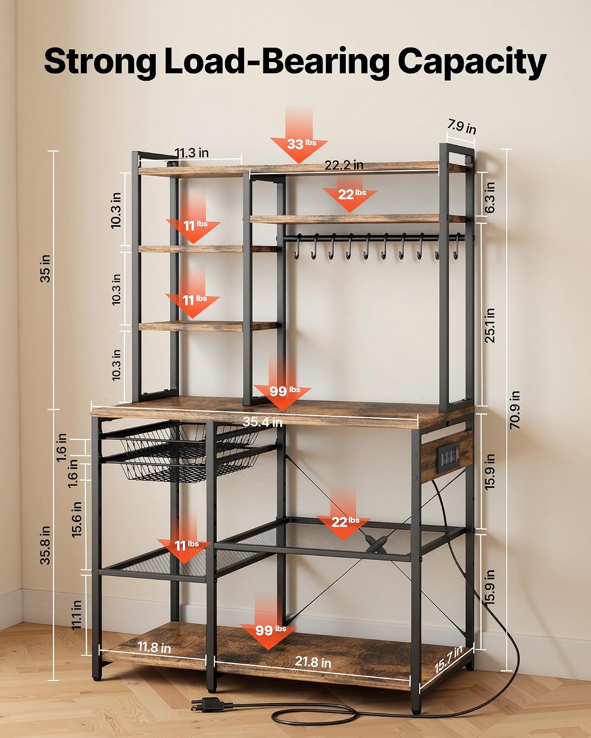VEVOR Kitchen Bakers Rack with Power Outlets, 35.4x15.7x70.9 Inch Microwave Stand with Built-in Power Strip & 5 Ft Cord, 10 S-Shaped Hooks, for Dish Storage, Spice Jars, Coffee Bar Organization