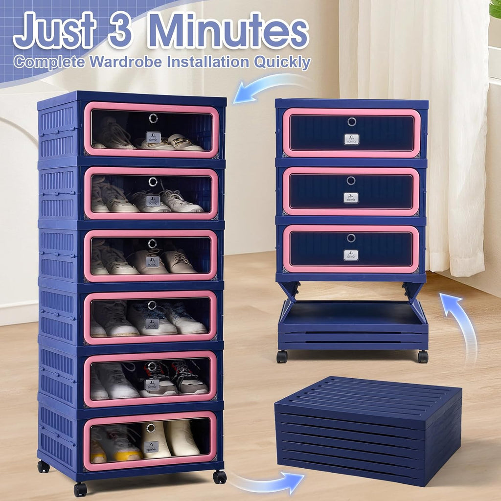 SAYMA Foldable Shoe Rack Organizer, Collapsible Shoe Cabinet with Magnetic Clear Door, Large Plastic Folding Shoe Cabinet, Easy Assembly Shoe Shelves Organizer for Entryway, 6 Tiers-12Pairs