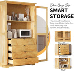 75" Tall Farmhouse Kitchen Pantry Cabinet with 2 Glass Doors & 4 Built-in Drawers, 44.7" Freestanding Pantry Storage Cabinet for Kitchen, Dining Room, Natural