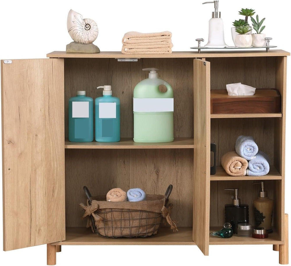 Mid-Century Modern Storage Cabinet, with Open Shelves & Adjustable Shelve...