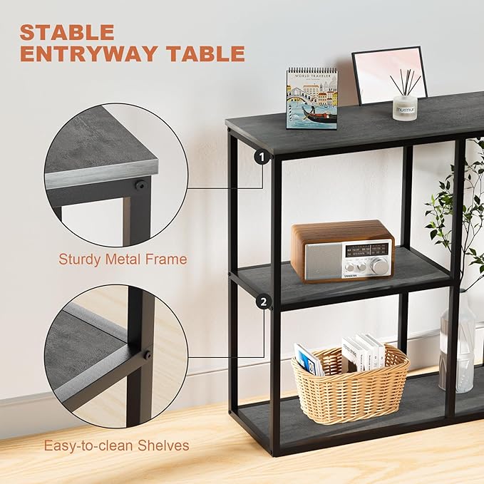 WOHOMO Console Table, 12 Inch Narrow Entryway Table with 3-Tier Storage Shelv...
