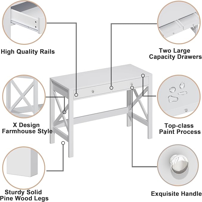 ChooChoo Computer Desk Study for Home Office, Modern Simple 40 Inches White Desk with Drawers, Makeup Vanity Console Table