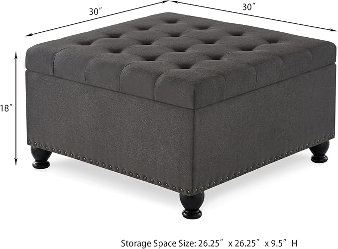 Upholstered Linen Storage Ottoman Bench with Wooden Legs,Button Tufted Coffee Table W/Nail Trims,for Living Room,Bedroom,Entryway,Easy to Assemble,Dark Gray