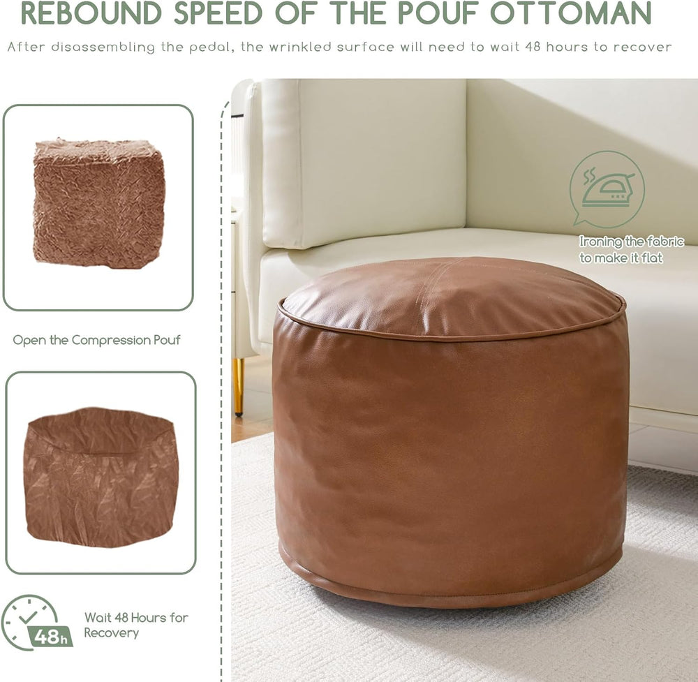 HIGOGOGO Round Stuffed Pouf Ottoman, Pu Leather Poufs with Foam Chunk Filling...