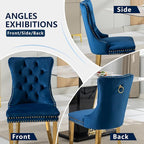 Blue Velvet Dining Chairs Set of 2, Kitchen Chairs Set of 2, Tufted Upholstered Dining Room Chair, Back Ring Pull Trim, Golden Stainless Steel Legs, Blue