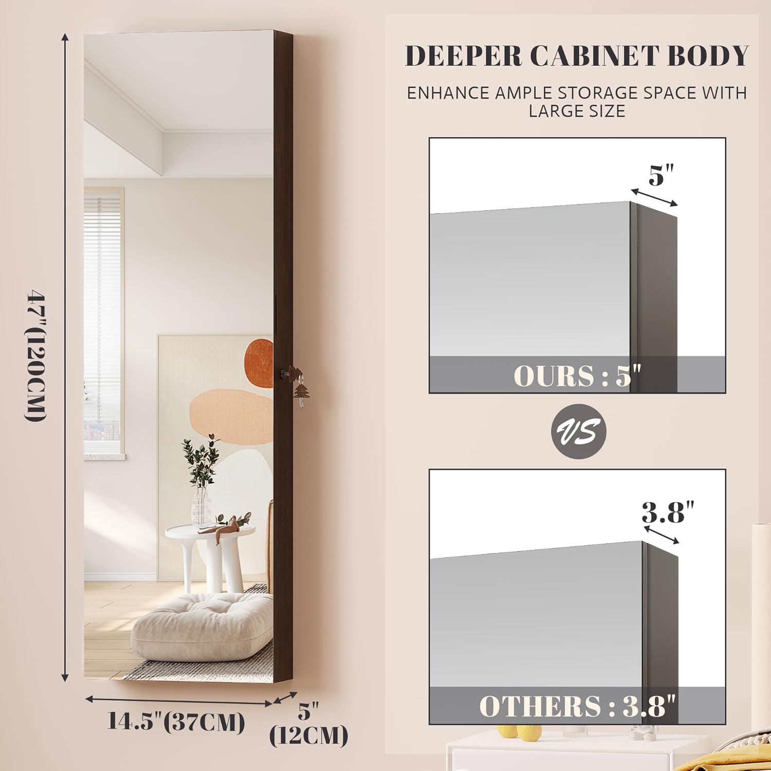 Vlsrka 47.2" LED Jewelry Armoire Organizer, Wall/Door Mounted with Full Length Mirror, Large Storage Hanging Cabinet, 4 Drawers, 5 Shelves, Built-in Lighted Mirror (Wood Black)