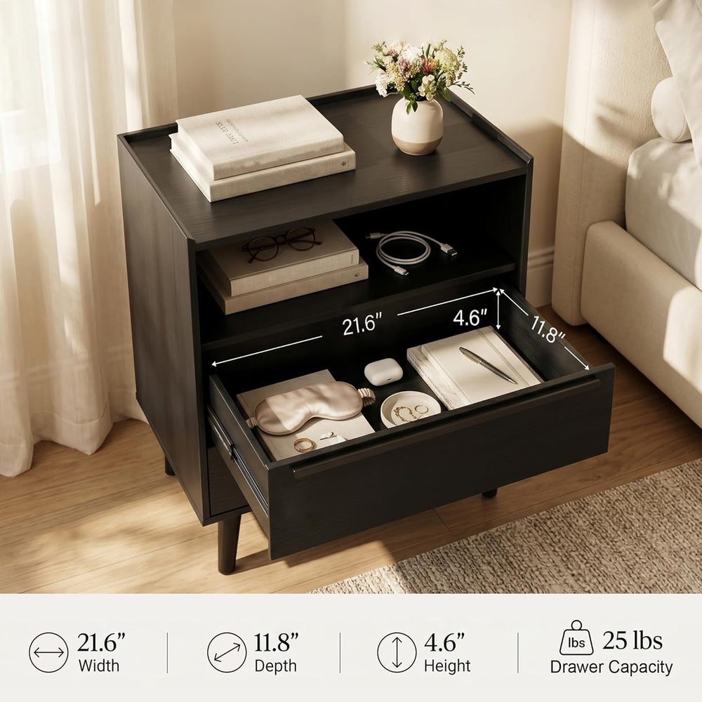 26 Inch Tall Black Oak Nightstands Set of 2 with Charging Station | Matching ...