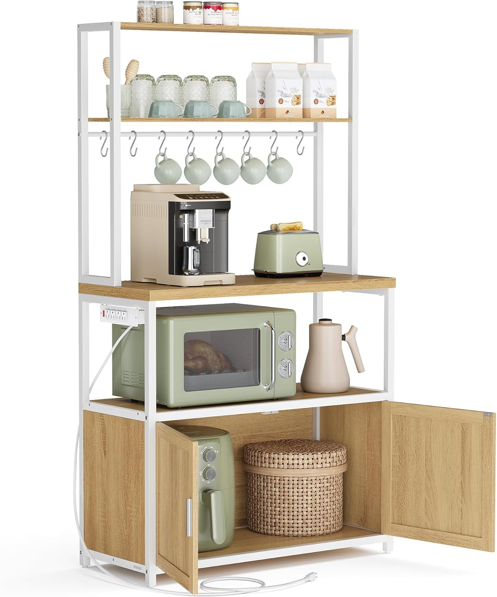 VASAGLE Kitchen Bakers Rack with Power Outlet, Coffee Bar with 35.4-Inch High Worktop, Microwave Stand with 8 Hooks, 15.7 x 31.5 x 66.9 Inches, Golden Oak and Cloud White UKKS059Y01