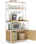 VASAGLE Kitchen Bakers Rack with Power Outlet, Coffee Bar with 35.4-Inch High Worktop, Microwave Stand with 8 Hooks, 15.7 x 31.5 x 66.9 Inches, Golden Oak and Cloud White UKKS059Y01