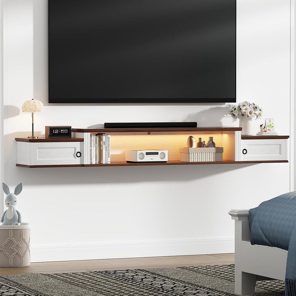 Farmhouse Floating TV Stand for 80" TVs, with LED Light & Outlet | 7...