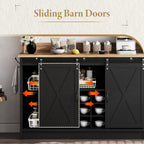 4ever2buy 47" Coffee Bar Cabinet with Storage Hutch & Wine Rack, Black | Coffee Bar Station with Sliding Barn Door, 7 Hooks and Adjustable Shelves for Kitchen, Dining Room, Living Room