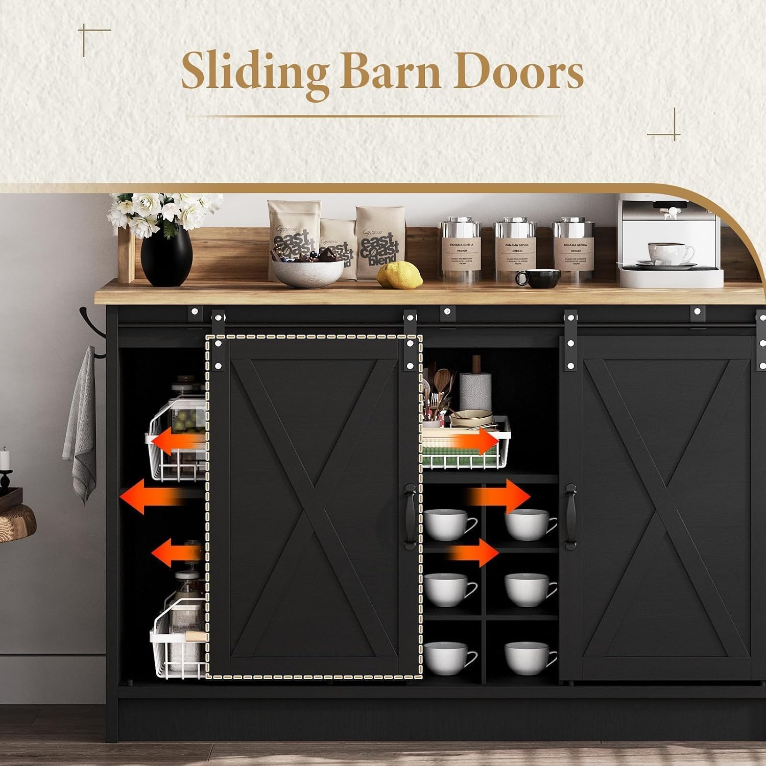4ever2buy 47" Coffee Bar Cabinet with Storage Hutch & Wine Rack, Black | Coffee Bar Station with Sliding Barn Door, 7 Hooks and Adjustable Shelves for Kitchen, Dining Room, Living Room