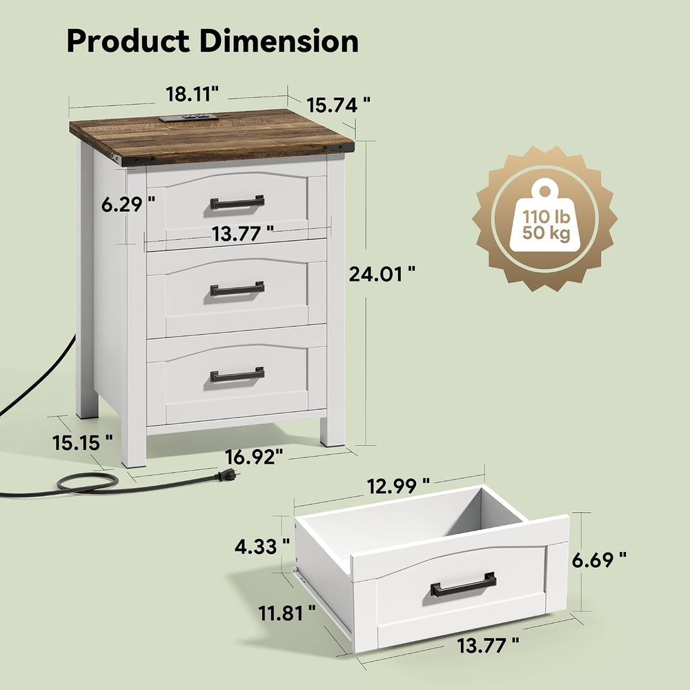 Decofy Farmhouse Nightstand Set of 2 with Charging Station, 18'' Wide...