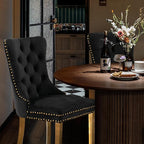 Velvet Upholstered Dining Chairs Set of 8, Modern Style Kitchen Side Chairs with Nailhead Trim and Gold Plated Leg, Metal Pulling Ring for Dining Room Living Room(Black)