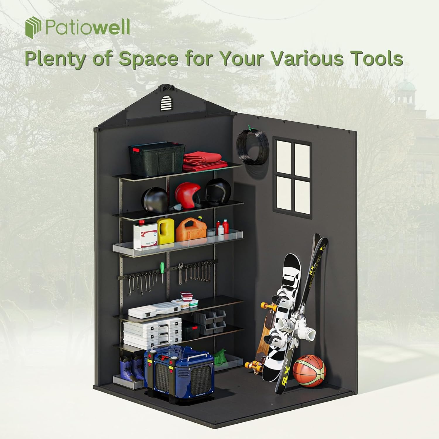 Patiowell 4 x 4 FT Plastic Outdoor Storage Shed with Floor, Garden Tool Shed with Two Windows and Single Lockable Door for Garden, Backyard, Lawn, Easy to Install, Dark Grey(Fit-it Shed)