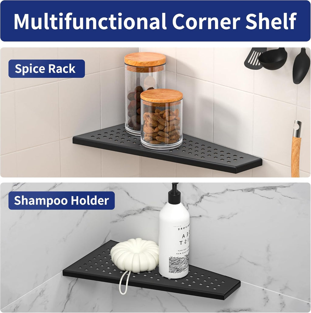 Corner Shower Shelf, Matte Black 12" 304 Stainless Steel Trapezoid Grout in Shelf with Grid Hollows Design, Recessed Bathroom Shelves for Tiled Wall Retrofit, 2 Pack