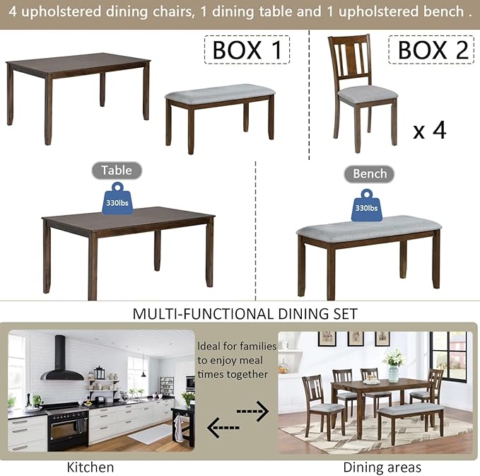 6-Piece Dining Table Set for 6, Counter Height Kitchen Set with Rectangular Wooden Table, Bench & 4 Chairs, Living Room Chairs with Comfortable Seating, Dining Table & Chair for Home, Walnut