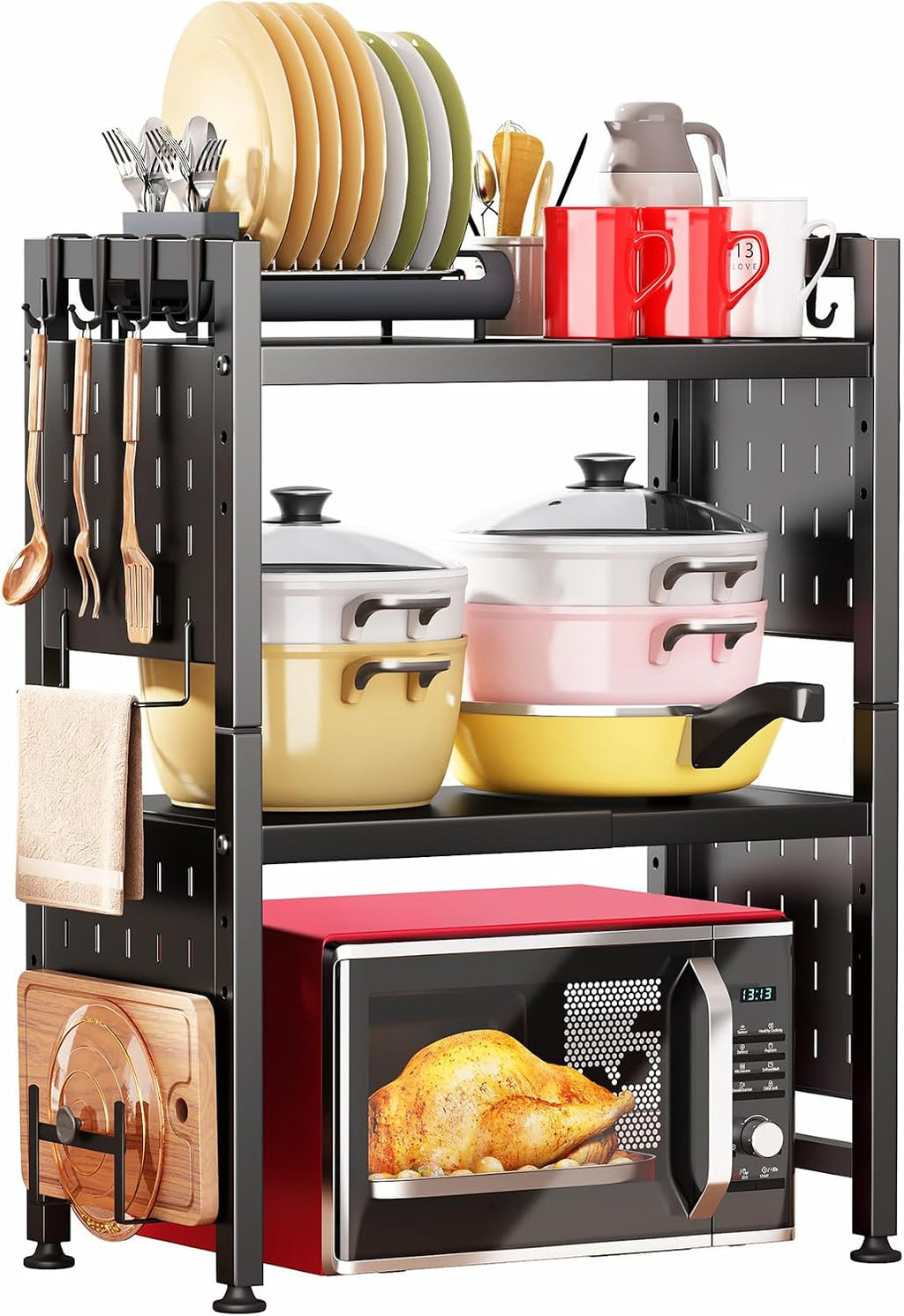 Microwave Stand, 3-Tier Expandable(17.4"- 27.4") Heavy Duty Adjustable Shelf Microwave Oven Rack, Kitchen Countertop Organizer and Storage with 9 Hooks & Cutting Board Holder, Holds up 180 lbs, Black