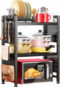 Microwave Stand, 3-Tier Expandable(17.4"- 27.4") Heavy Duty Adjustable Shelf Microwave Oven Rack, Kitchen Countertop Organizer and Storage with 9 Hooks & Cutting Board Holder, Holds up 180 lbs, Black