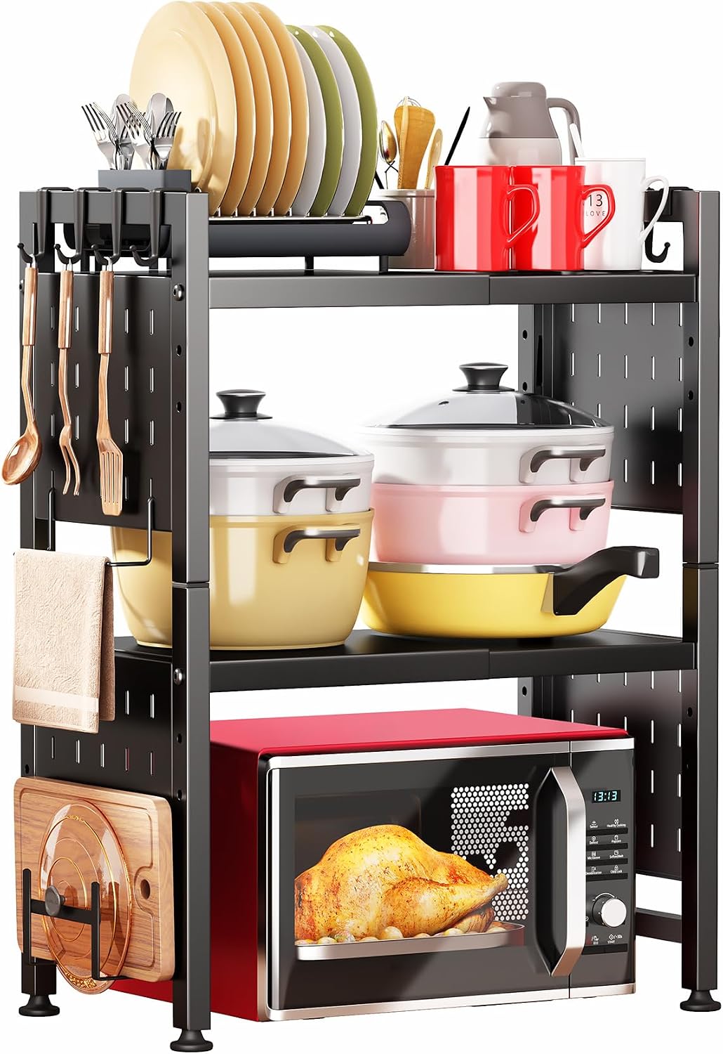 Microwave Stand, 3-Tier Expandable(17.4"- 27.4") Heavy Duty Adjustable Shelf Microwave Oven Rack, Kitchen Countertop Organizer and Storage with 9 Hooks & Cutting Board Holder, Holds up 180 lbs, Black