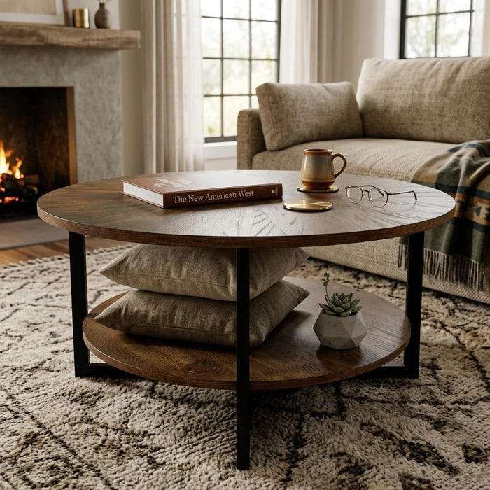 Round Coffee Table with Storage Shelf, Farmhouse Living Room Cocktail Black Metal Legs, Circular Solid Wood Center Tea Table, Sofa 35.3-''Dx17.8-''H, Natural Brown KFZ1338NC
