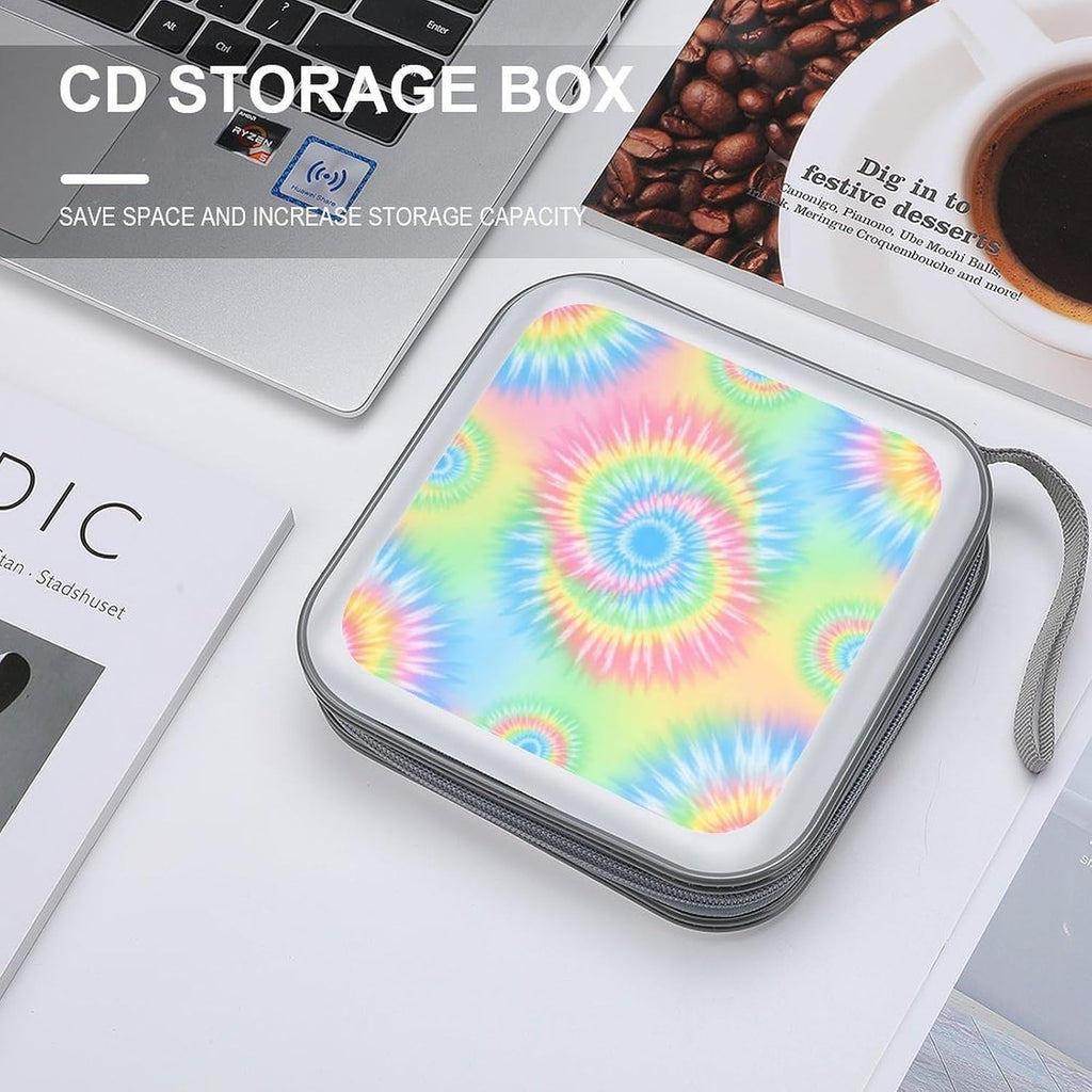 Portable CD/DVD Holder Pink Rainbow Tie Dye, 40-Capacity Hard Case with Zipper, Protective Storage Binder for Music Movies Game Discs