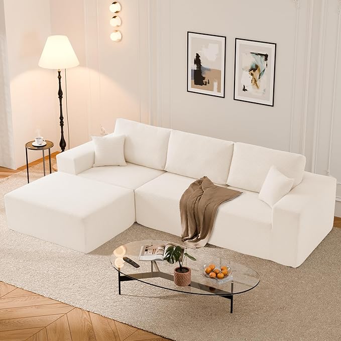 108" L-Shaped Boneless Couch, High Seat Modular Sectional Sofa with Moveable Ottoman, Corduroy Cloud Couches for Living Room, No Assembly, Ship in a Box, White