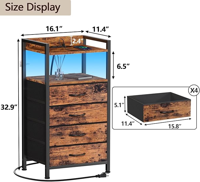 Furnulem Night Stand with Charging Station and Led Light, 4 Drawer Dresser fo...